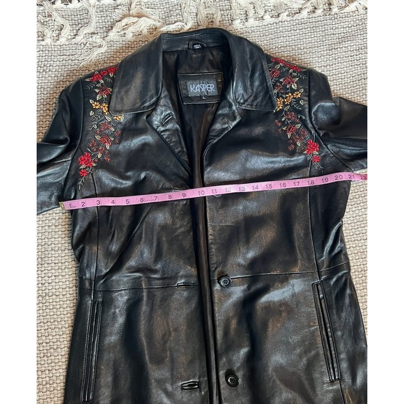 Y2K Vtg Womens Large Black Real Leather Jacket Embroidered Floral Biker Boho - Picture 6 of 10